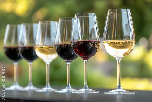 Wine tasting event sommelier luxury Glasses of red and white wine arranged elegantly on a table.