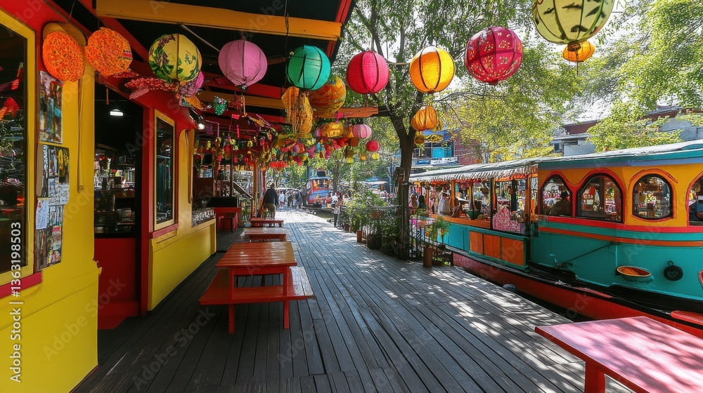 Fototapeta premium Vibrant Outdoor Marketplace with Colorful Lanterns and Scenic Views