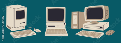 Set of retro computers. Vintage electronic equipment with monitor and keyboard. Hand drawn vector illustration isolated on blue background, flat cartoon style.