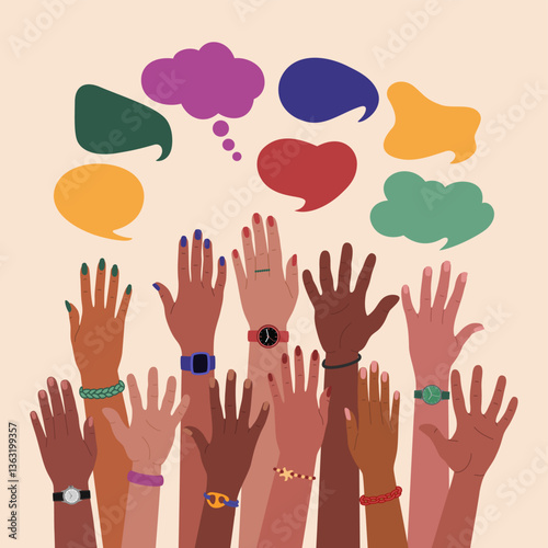 Group of diverse multiracial hands raised up and speech bubbles. Communication, opinions and idea exchange. Hand drawn vector vector illustration isolated on light background, flat cartoon style.