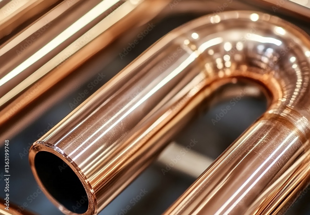 Naklejka premium Close-up of copper pipes with smooth reflective surfaces, metallic texture, neatly arranged in uniform rows, background of similar pipes, bright lighting emphasizing quality.