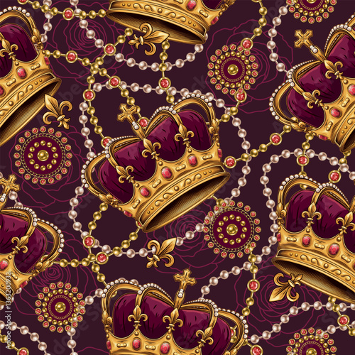 Seamless pattern with golden imperial crown, scattered jewelry, pearl necklaces. Chaotic scattered objects. Luxury kitsch vintage style.