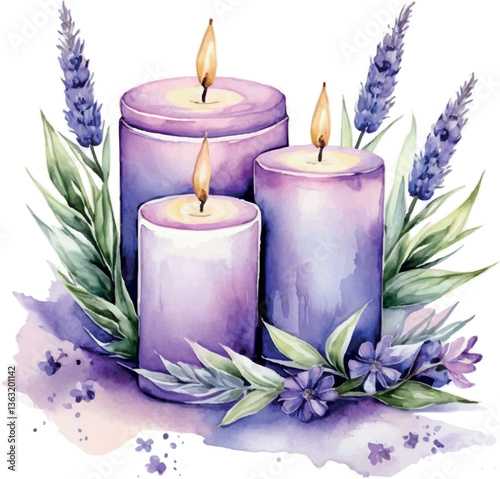 Watercolor Candles with Greenery and Lavander Flowers. Vector Illustration on Isolated Background.