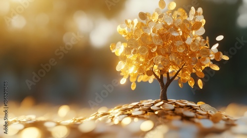 Gold coin tree growing from a stack of coins, financial success and savings growth. generative ai