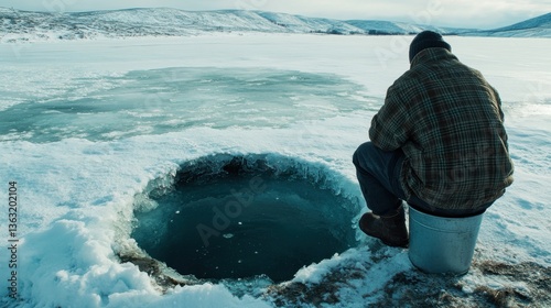 Fototapeta Naklejka Na Ścianę i Meble -  Ice fishing in winter landscape with man by frozen lake hole