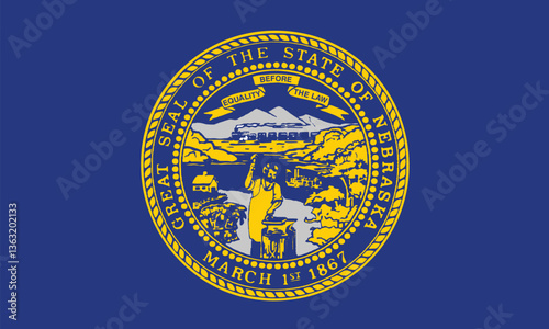 Vector Clipart Illustration of the Nebraska State Flag, Featuring the State Seal, Bold Blue and Gold Colors, and Detailed Elements Representing Nebraska's History and Heritage