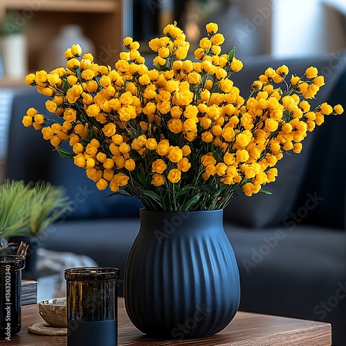 Yellow flowers in vase with home decor.