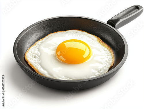 Fried egg cooking sunny-side up in a black frying pan