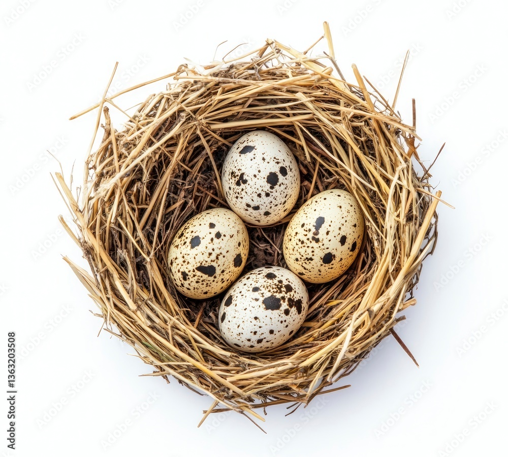 Quail Eggs Laying in Nest of Straw on White Background Quail Eggs Laying in Nest of Straw on White Background