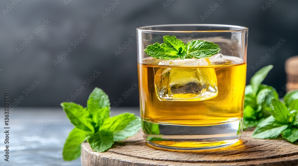 Refreshing Mint Cocktail with Whiskey and Ice on Wooden Board with Green Mint Leaves Refreshing Mint Cocktail with Whiskey and Ice on Wooden Board with Green Mint Leaves