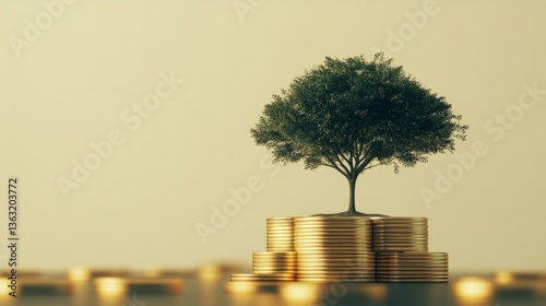 Golden coins stacked in increasing order with a small tree growing from the top, symbolizing financial growth generative ai