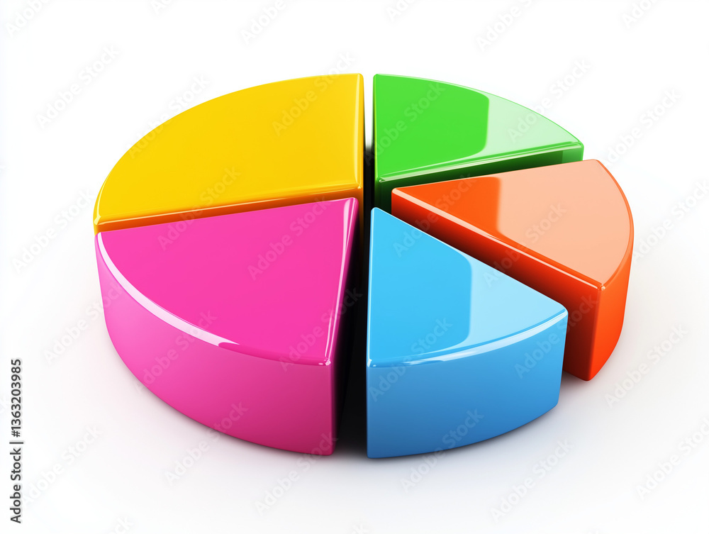 Obraz premium five-slice pie chart in bright colors, 3D render