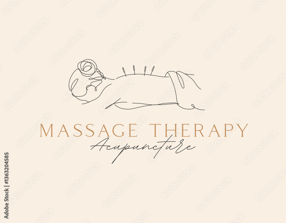Massage studio label with lettering acupuncture drawing in minimalist style with pastel color