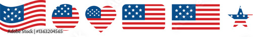 American Flag Usa 4th of July Fourth 4. USA flag icon set. Stripes flags united states with stars. 4 July, Veteran and Memorial day vector banner. American national symbol Vector illustration