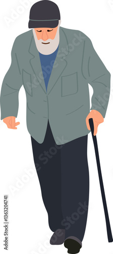 Old man in suit walking with cane, grandfather with gray beard. Flat cartoon vector drawing, realistic sketch.