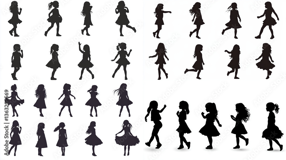 Silhouettes of Girls in Various Poses Standing and Walking Together Silhouettes of Girls in Various Poses Standing and Walking Together
