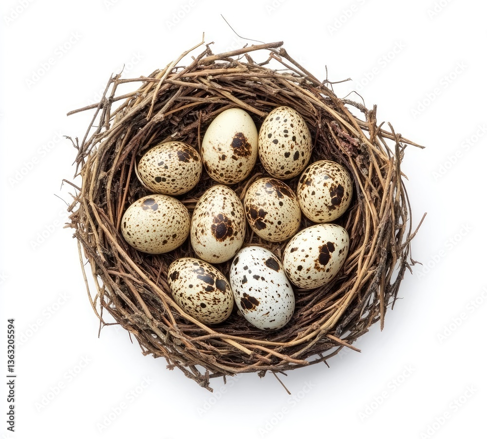 Quail Eggs in Nest Still Life Shot From Above on White Quail Eggs in Nest Still Life Shot From Above on White