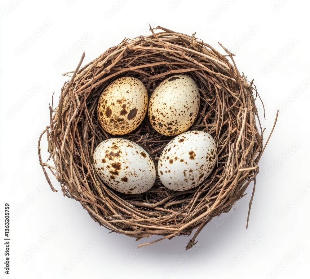 Speckled Bird Eggs in a Rustic Nest Against a White Background Speckled Bird Eggs in a Rustic Nest Against a White Background