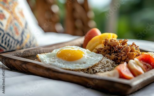 Rustic Indonesian-Style Breakfast on a Hotel Bed: Nasi goreng with sunny-side-up egg, crispy krupuk, fresh tropical fruits, and a handcrafted wooden tray, bathed in soft morning light with Balinese de photo