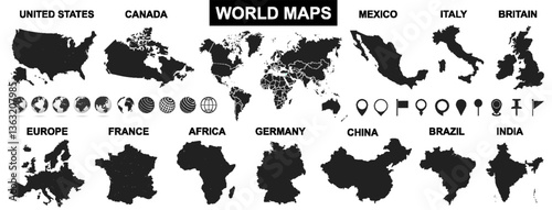 World map with countries, world maps and globes with pins