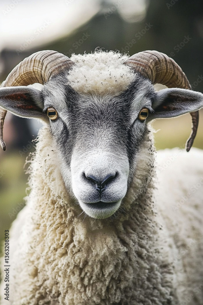 Naklejka premium A grey Drenthe Heath sheep, typical German Heidschnucke sheep with horns in a pasture