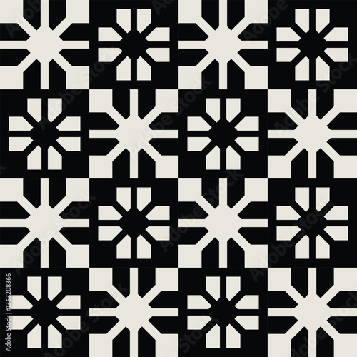 Seamless black and white mid century modern floral pattern for banners, backgrounds, fabric design, home decor.
