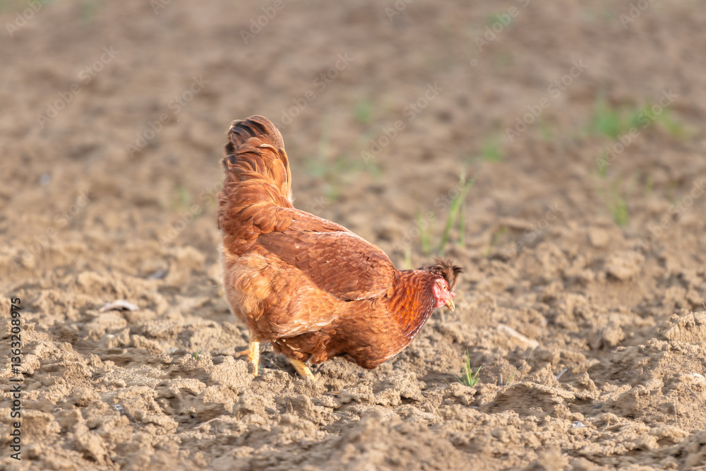 Fototapeta premium A Chicken Searching for Food on a Plowed Agricultural Field