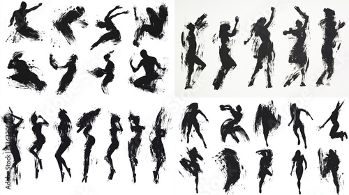 Brush Stroke Silhouettes of Diverse People Dancing and Posing