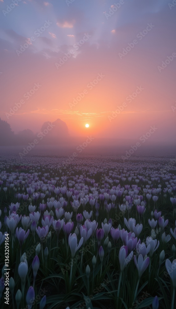 Naklejka premium Misty Sunrise Over Tulip Field