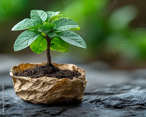 Young plant in recycled paper cup.