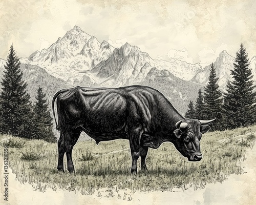 Majestic cow grazing in a serene mountain landscape with towering peaks