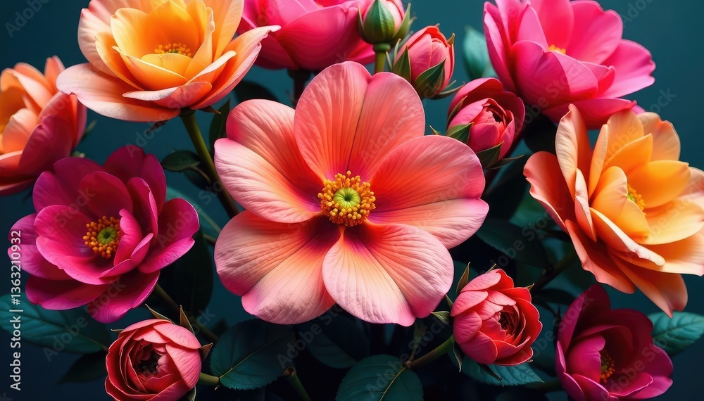 Densely layered petals, intertwined stems & buds, textile, retro Densely layered petals, intertwined stems & buds, textile, retro