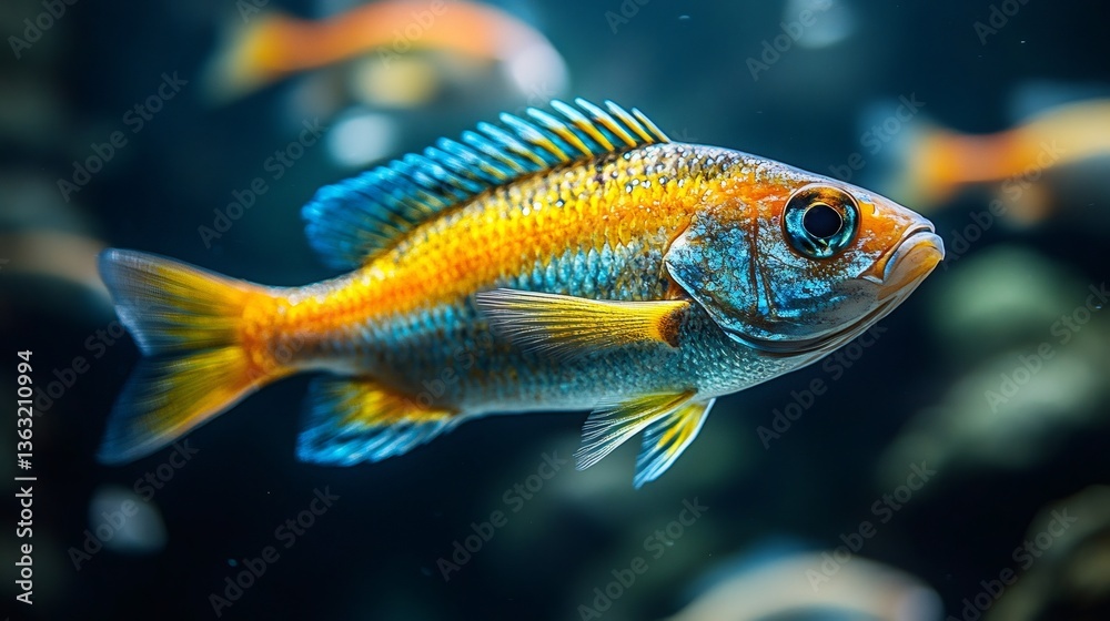 Naklejka premium Close-up of a colorful fish swimming in dark water, creating a vibrant contrast with its surroundings and other blurred fishes