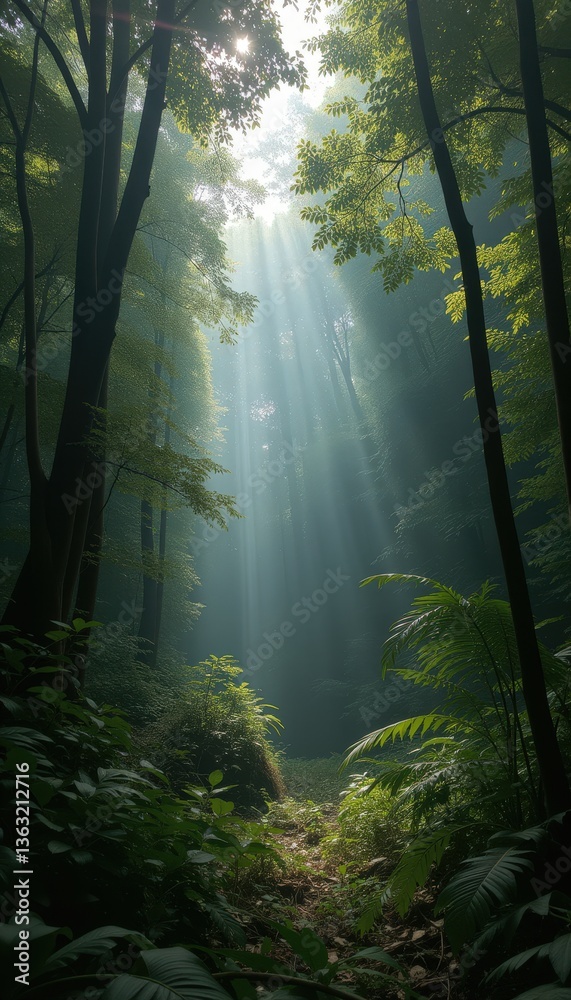 Obraz premium Serene forest scene with sunlight filtering through trees 