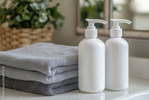 In a studio setting, two pristine white pump bottles of bathroom products, their labels gleaming in soft light, rest neatly alongside a stack of neatly folded gray and white towels