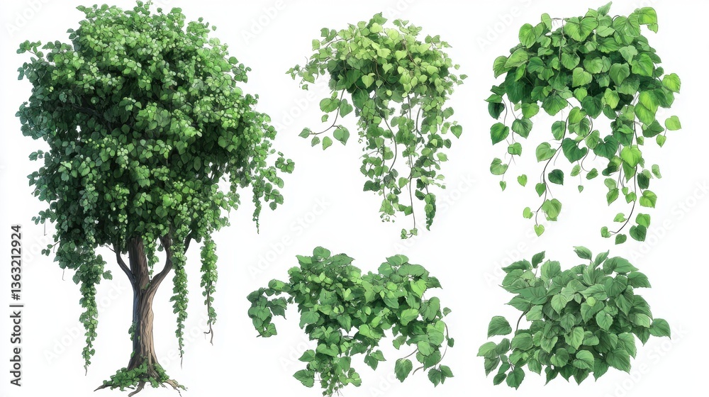 Fototapeta premium Lush Green Foliage Collection Featuring a Verdant Tree and Cascading Vines on a Clean White Background for Botanical Illustrations and Nature Inspired Designs