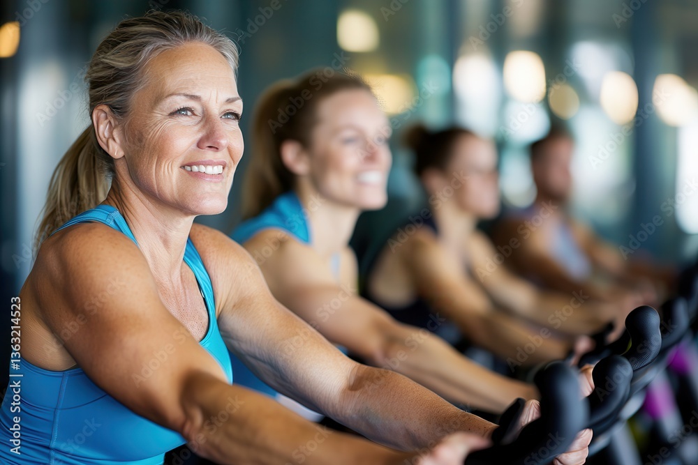 Fitness motivation middle-aged active life. Active women enjoying a spinning class in a fitness studio. Fitness motivation middle-aged active life. Active women enjoying a spinning class in a fitness studio.