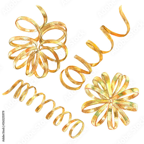 Gold vibrant collection of curls, bows, ribbons, hand-painted in watercolor with gold paint accents. Isolate elements are presented for decorating and designing textiles, interior, wallpaper, prints
