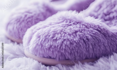The fuzzy purple slippers are soft and comfortable