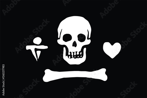 Stede Bonnet Pirate Flag Vector Illustration – Black and White Jolly Roger with Skull and Crossbones, Classic Buccaneer Symbol for Nautical, Maritime, and Pirate-Themed Designs