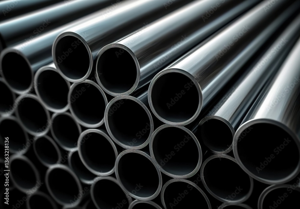 Black cylindrical metal pipes arranged neatly with dramatic light-shadow contrast, modern industrial aesthetic, sleek metallic finish, precision engineering. Black cylindrical metal pipes arranged neatly with dramatic light-shadow contrast, modern industrial aesthetic, sleek metallic finish, precision engineering.