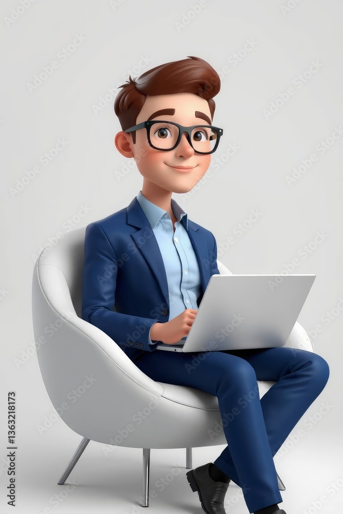 Cartoon Businessman Working on Laptop While Seated in Modern Chair Cartoon Businessman Working on Laptop While Seated in Modern Chair