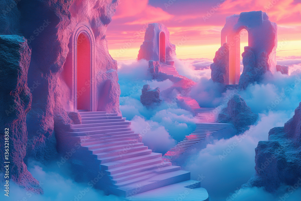 Fototapeta premium Stairway ascends to castle in the clouds, shrouded in mist, mysterious and majestic.