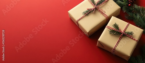 Christmas gifts on red background with greenery