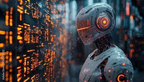 Futuristic Robot Observing Data Stream in Cyberpunk City