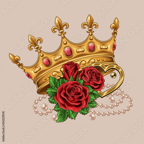 Composition with golden crown, heart, bouquet with red roses, pearl necklace. Luxury kitsch design. Detailed composition in vintage style.