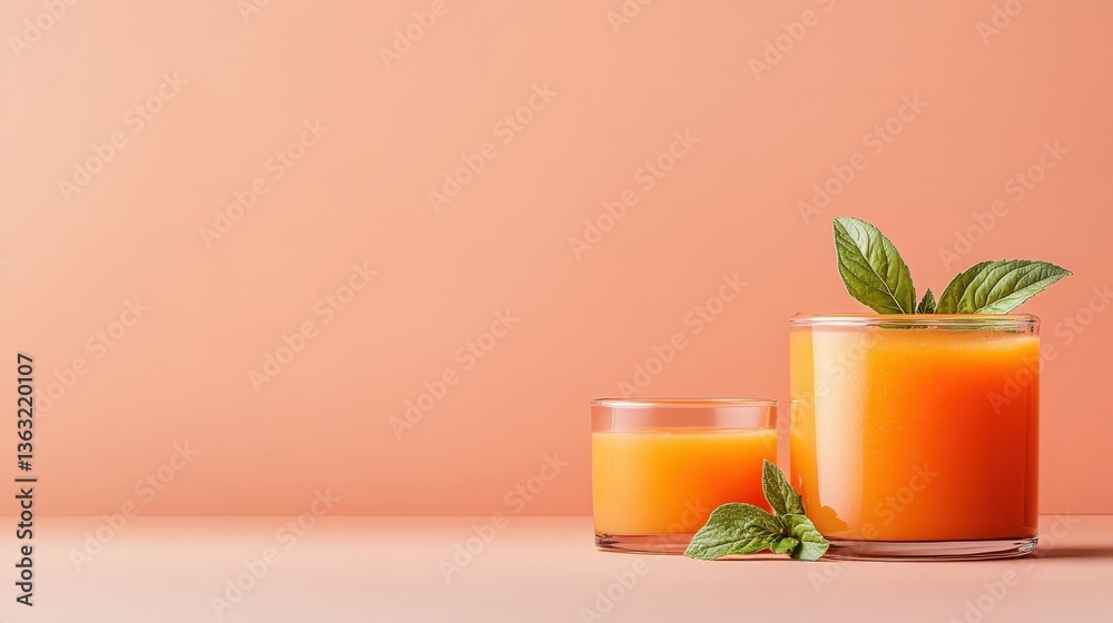Fototapeta premium These two glasses of freshly squeezed orange juice are adorned with mint leaves, presenting a refreshing essence on a soft pastel background perfect for summer vibes and healthy drinks.