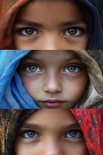 Children's faces, diverse headscarves, close-up