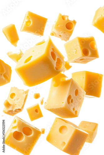Floating cubes of yellow cheese PNG with holes on transparent background for dairy and food design projects