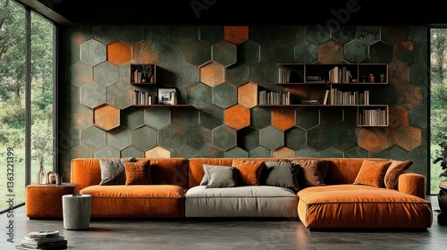 Modern Living Room Design with Hexagonal Wall and Orange Sofa